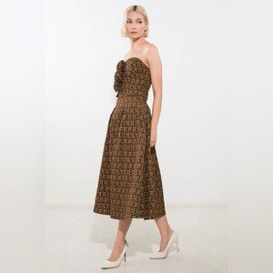 NWT Floral Strapless Corset Top & Midi Skirt Set – Brown Vintage Print